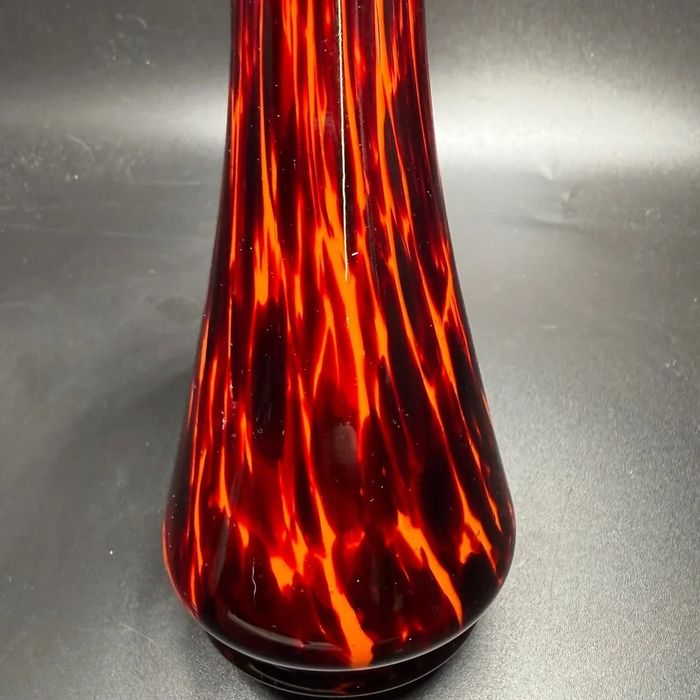 Vintage Red Orange Tortoiseshell Art Glass Bud Vase Metallic Rim 7.75 Inch MCM